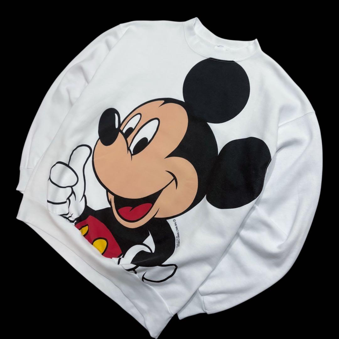 レア 90s Disney ミッキー ビッグプリントスウェット 白XL USA製