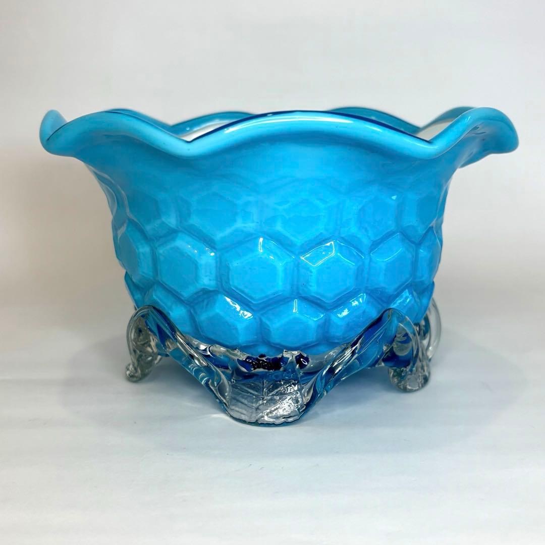 昔ガラス　アンティーク　花縁　フリル　亀甲紋様　ガラス　コンポート　ブルー