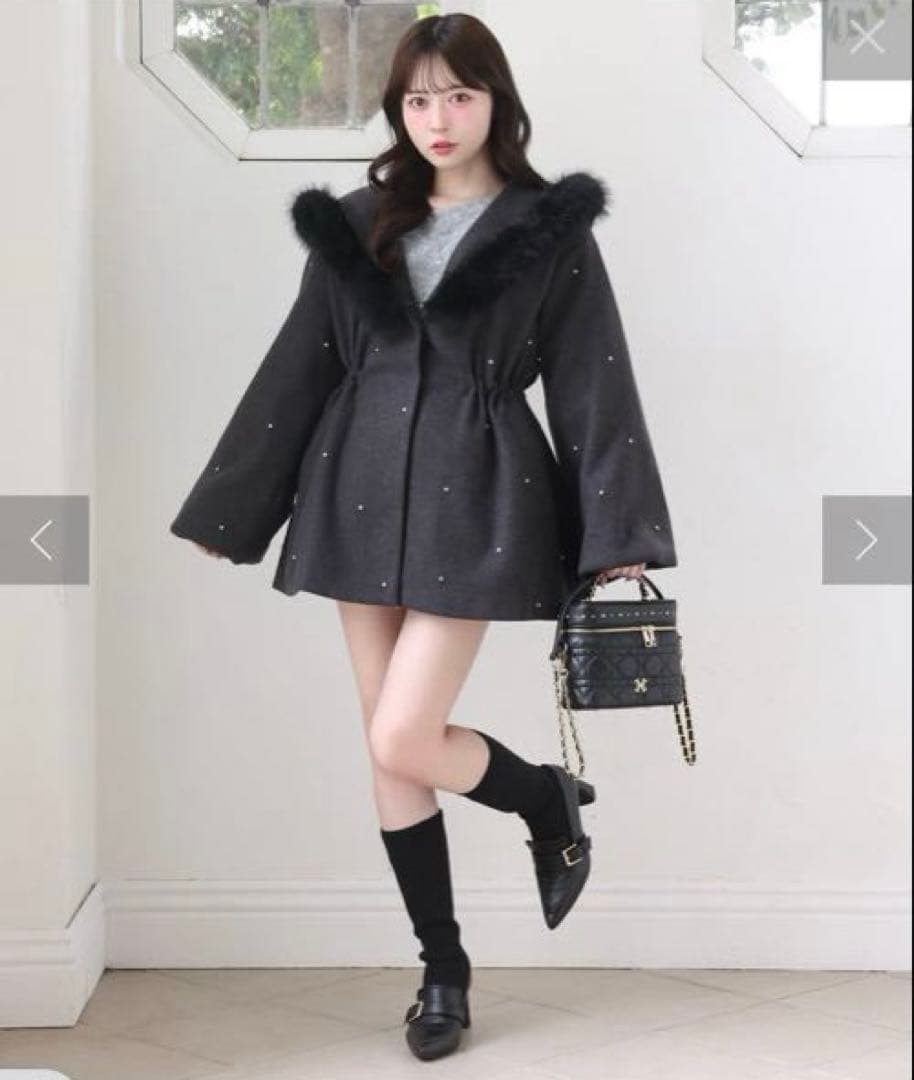 新品 フードフェイクファービジューミドルコート nice clupナイスクラップ