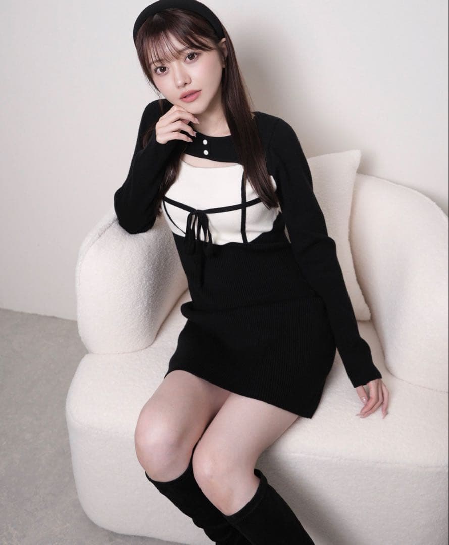 LIP SERVICE デコルテオープンバイカラーリボンニットワンピース 黒