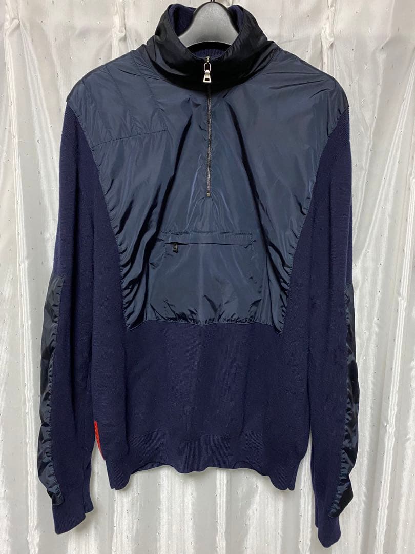 PRADA SPORT 00s ナイロンレイヤードニット ハーフジップ ネイビー
