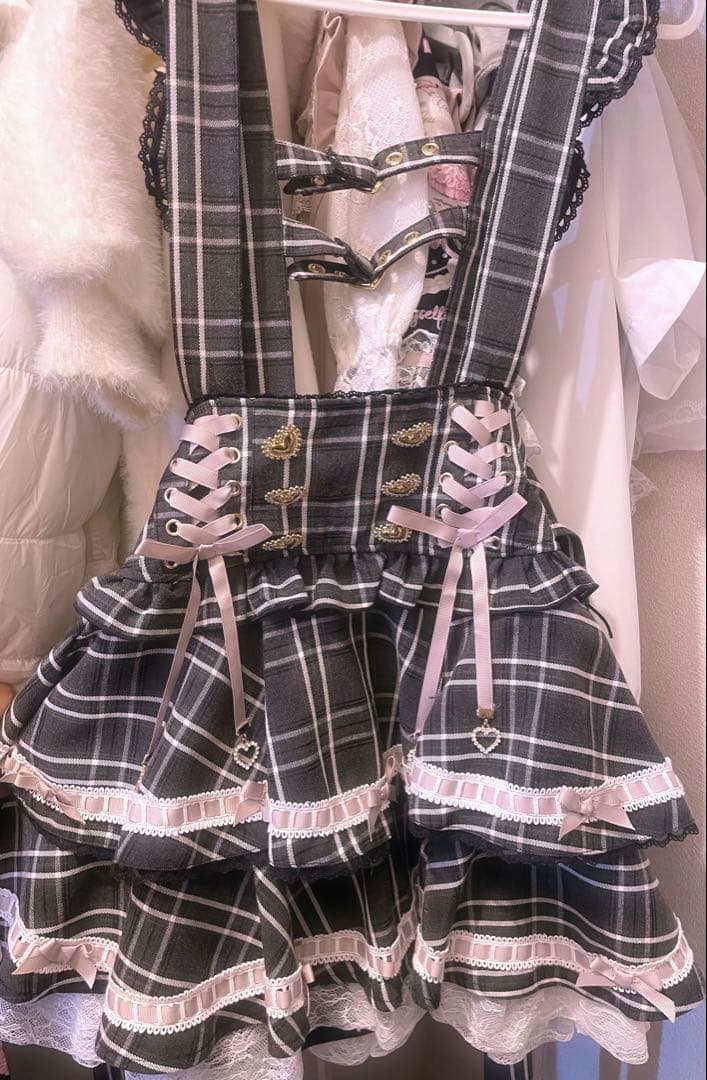 LIZLISA はしごリボンチェックティアードスカパン グレー