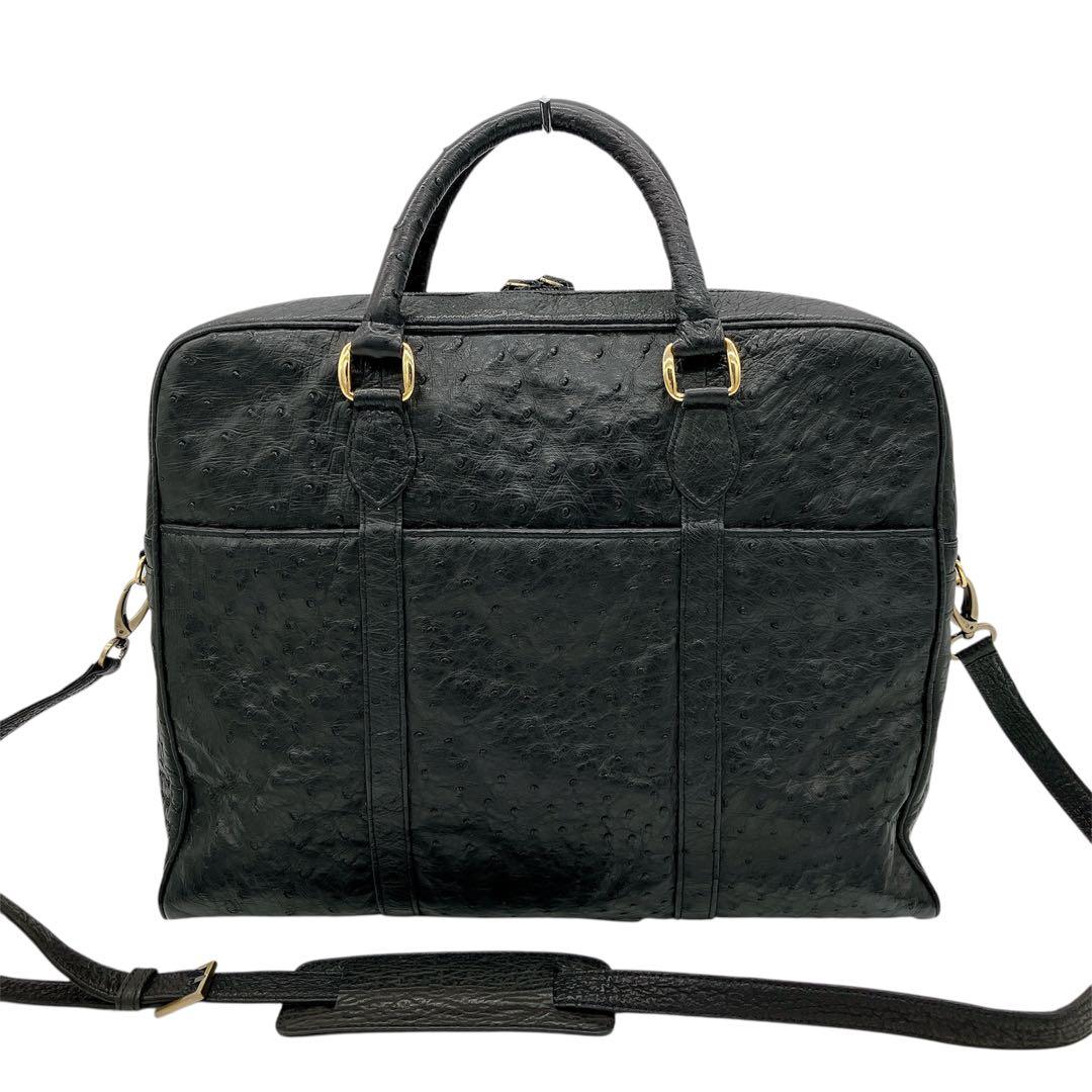 美品【オーストリッチ本革】ビジネスバッグ　ゴールド金具　ブラック