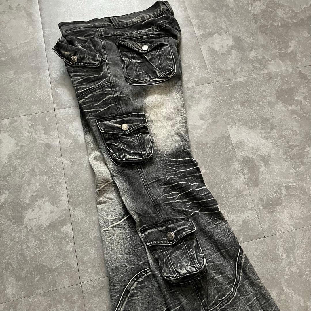 00s black cargo flared pants Y2K ロング丈