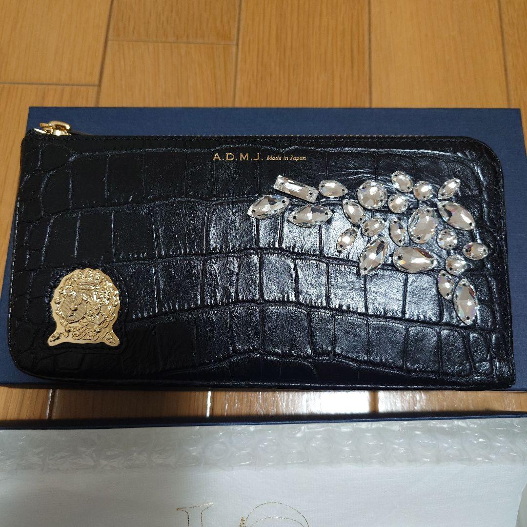 A.D.M.J. ブラックL字ファスナー長財布 クリスタル装飾