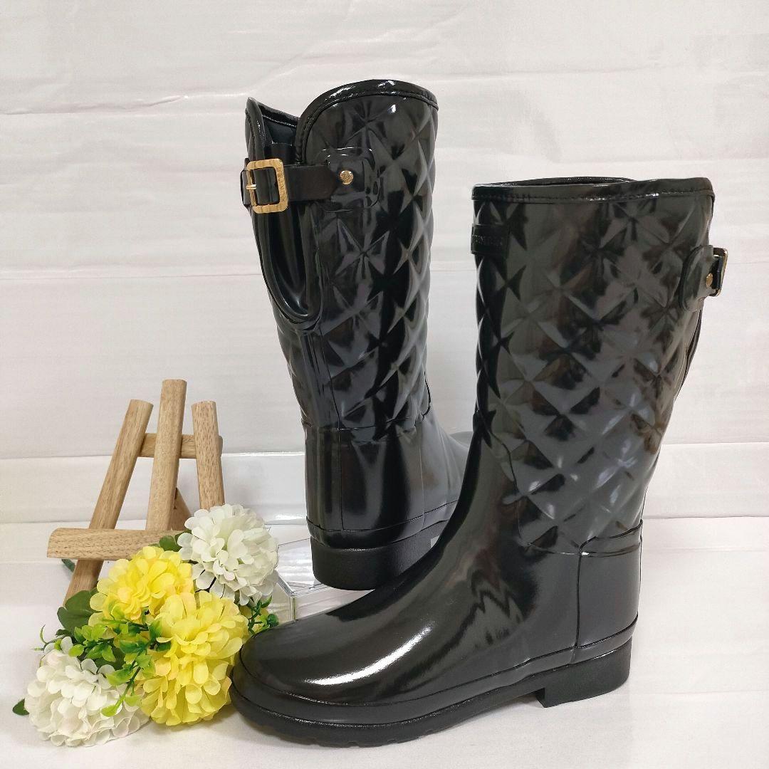 未使用級 HUNTER レインブーツ 金金具 リファインドグロスキルト UK6