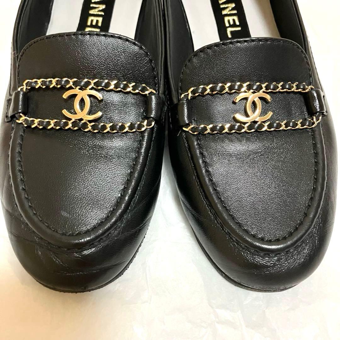 CHANEL シャネル ブラック レザー CCマーク フラットシューズ 39