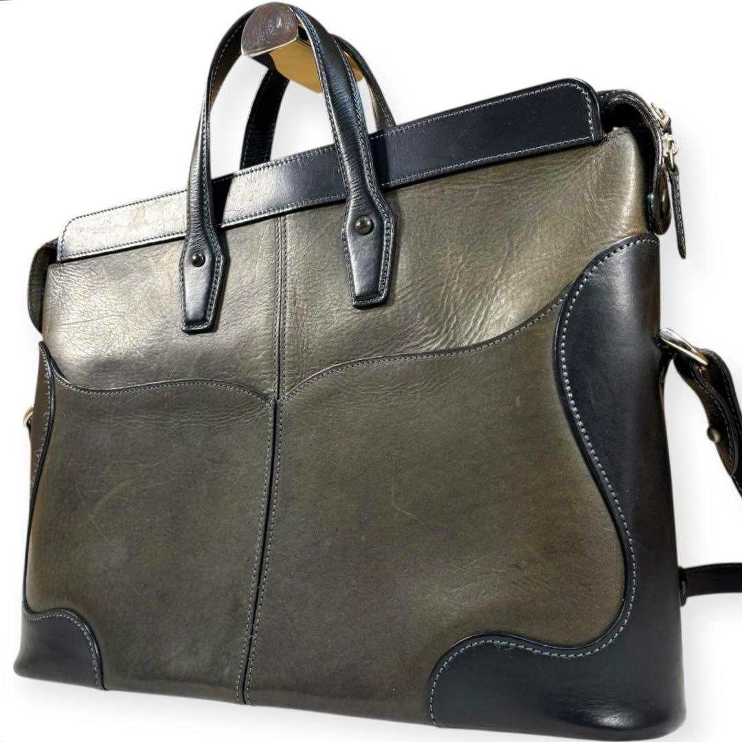 万双　2way ブライドルレザーブリーフケース　ビジネスバッグ　自立　カーキ　黒