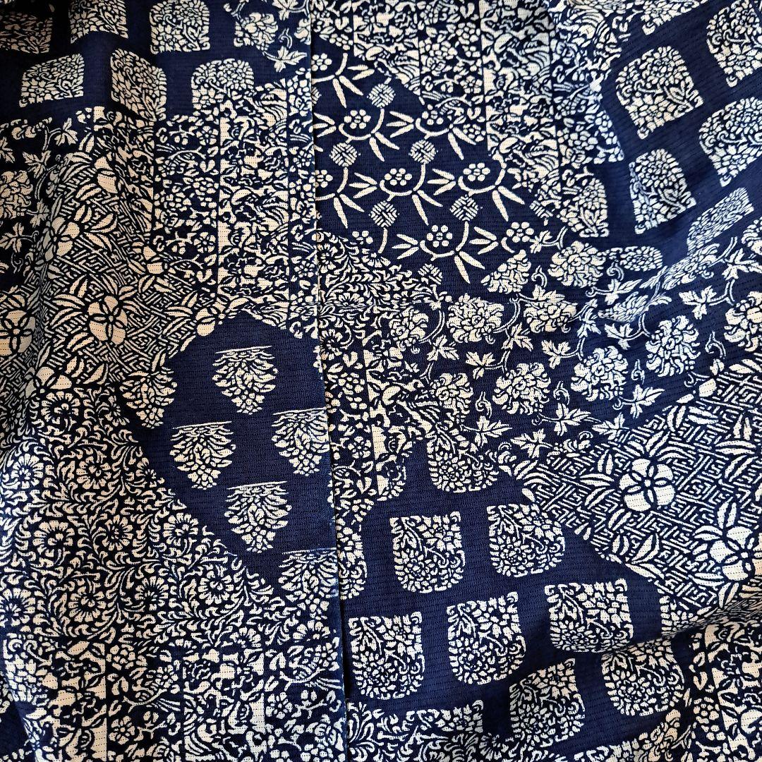 浴衣　藍染　長板中形　綿絽　バチ衿