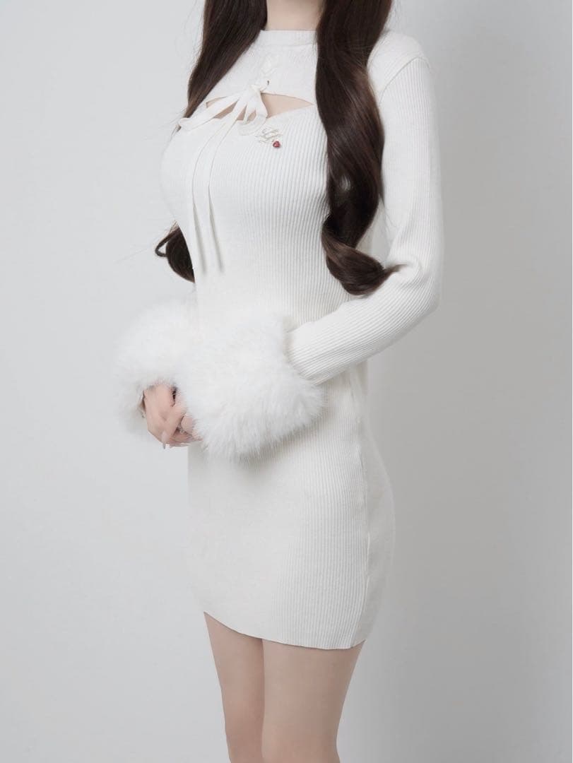 ワンピース lumignon Fur cuff ribbon knit onepiece