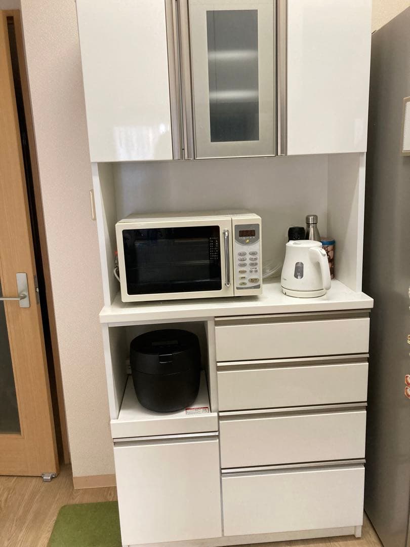 食器棚 キッチンボード 90cm レンジ台 キッチン収納家具 艶あり鏡面ホワイト