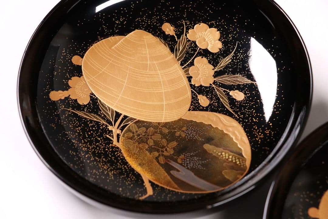 CL72 加賀蒔絵 貝合わせ蒔絵 黒塗椀 二客 蛤 桜 本金 梨地 木製漆器