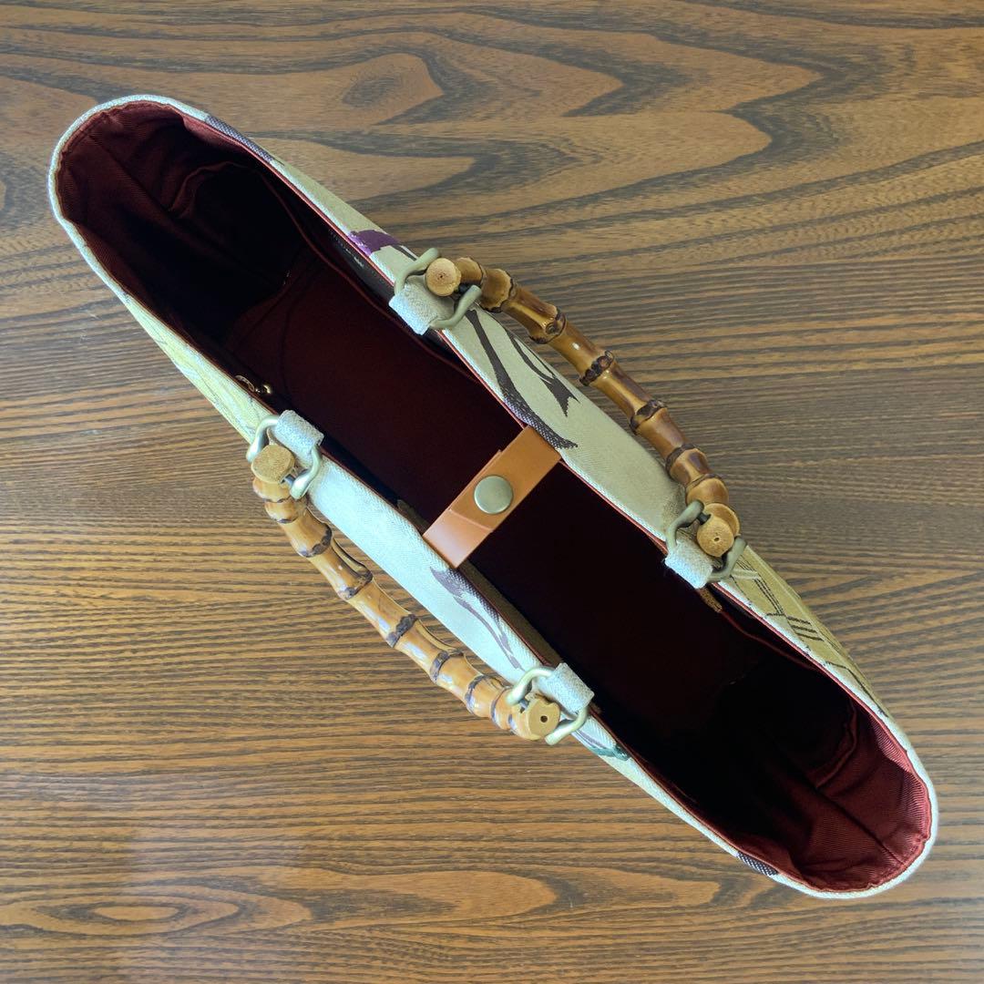 男前な歌舞伎柄の帯　リメイク　バンブーハンドルバッグ　通しマチタイプ