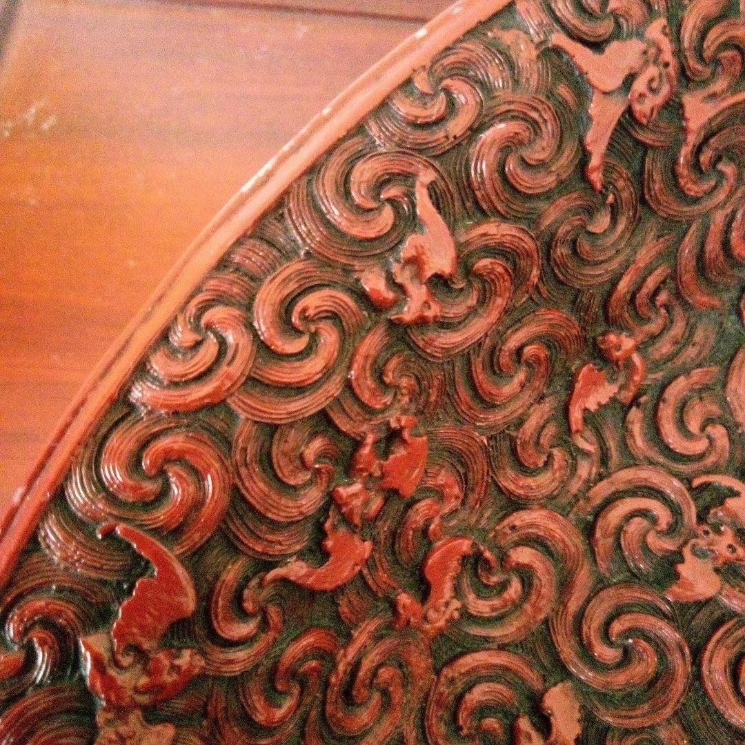 中国古玩　大清乾隆年製　堆朱　菓子鉢　唐草蝙蝠模様