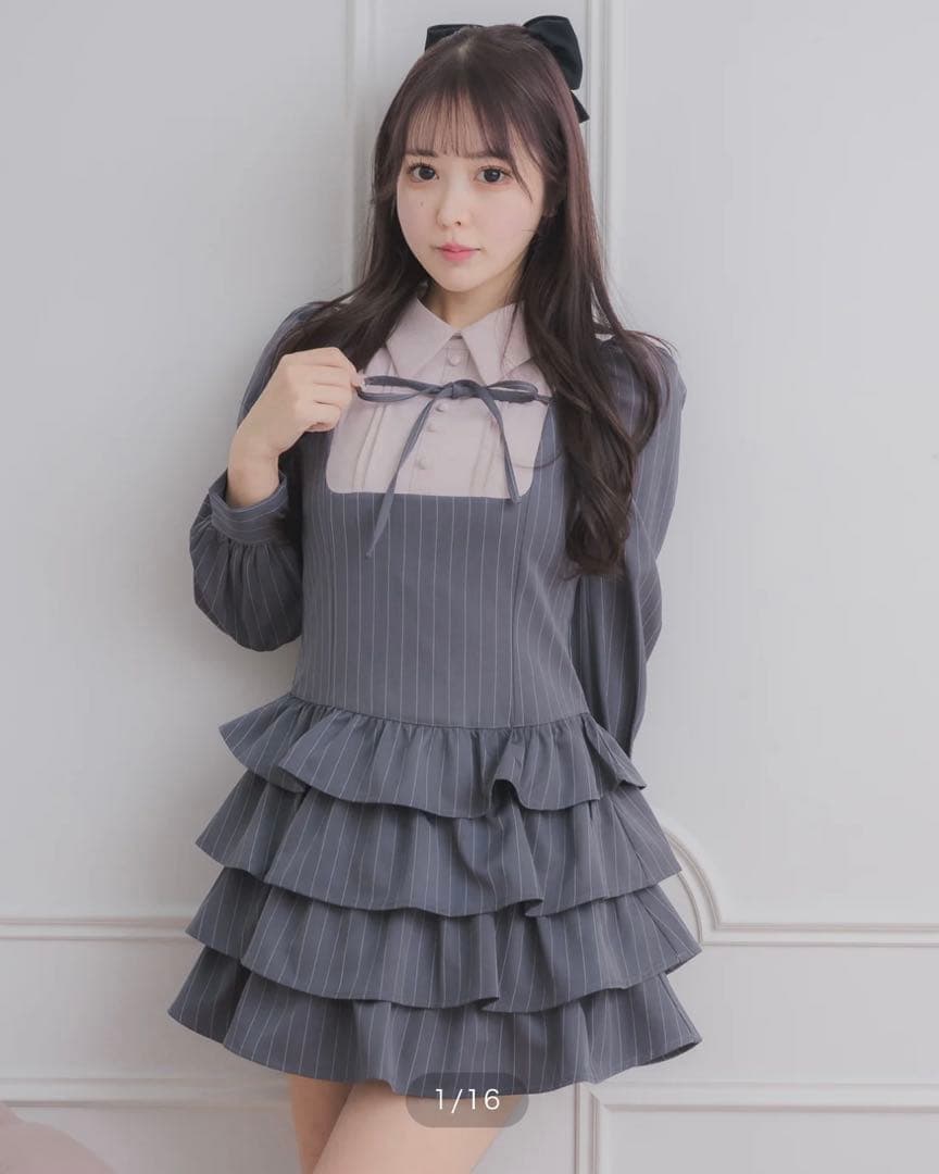 pium ぴうむ ヨーク切り替えティアードミニワンピース グレー