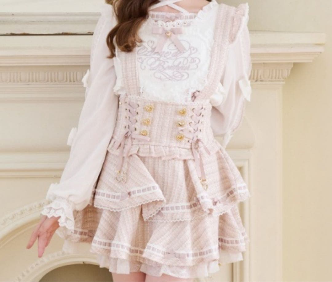 LIZLISA はしごリボンツイードティアードスカパン ピンク