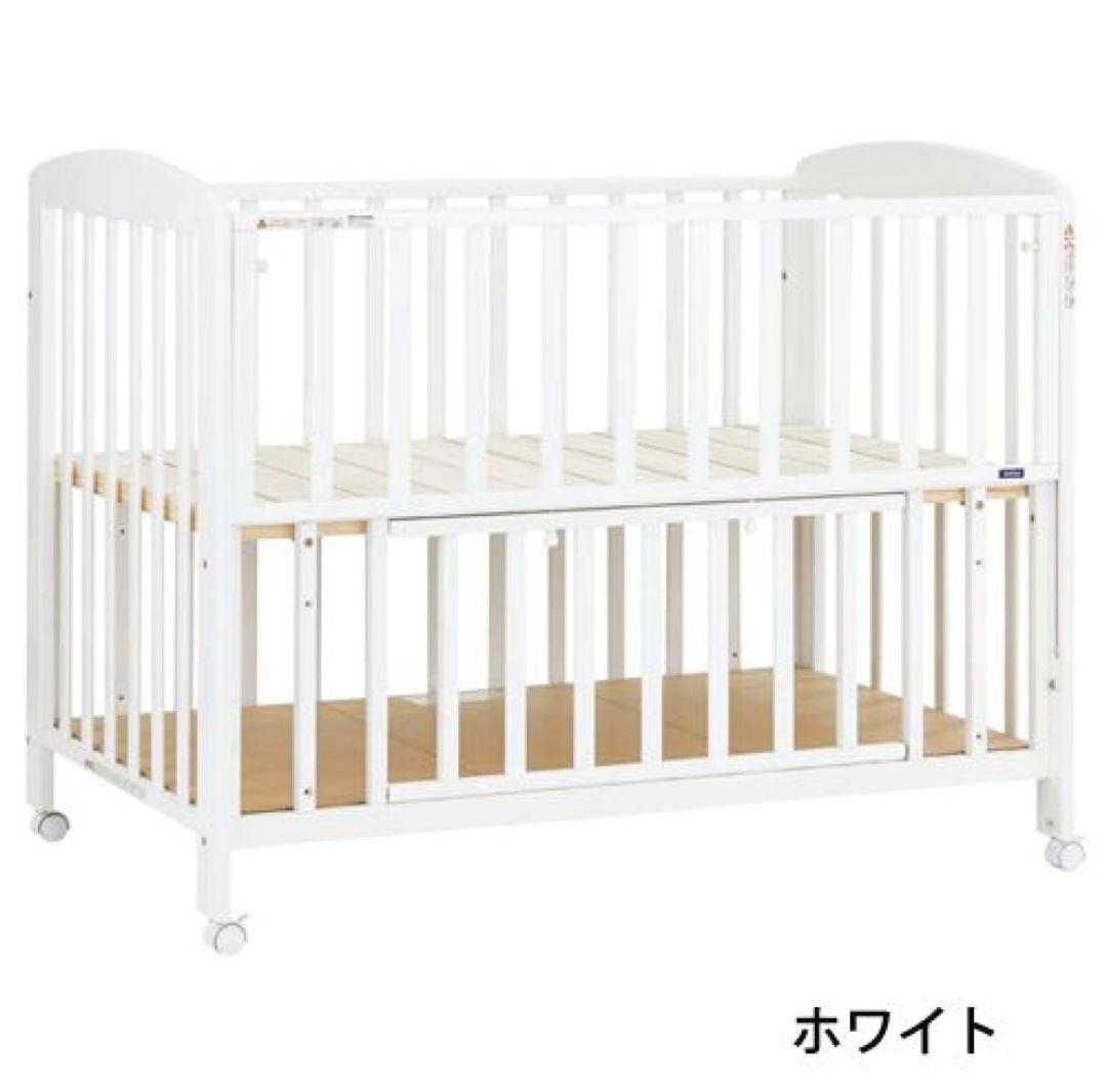 カトージ ベビーベッド ハイタイプ 床板すのこ ホワイト 収納棚 キャスター付