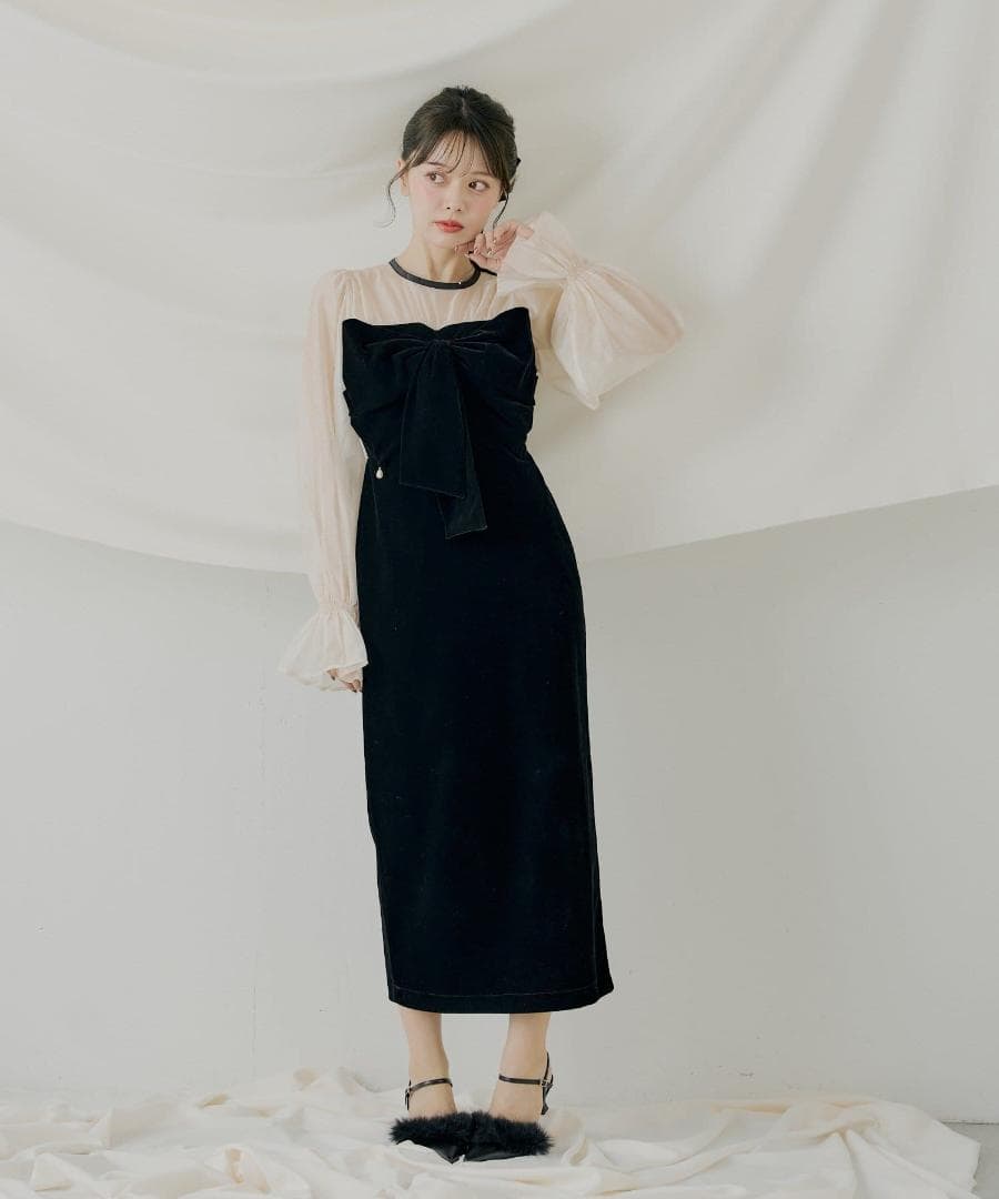 M オケージョン 配色シアーリボンベロアワンピース SALON by Chico