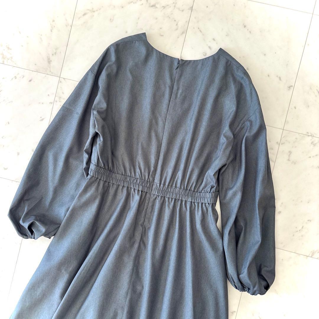 美品 ルフィル リモンタ ロング丈 Vネックワンピース グレー パフスリーブ S
