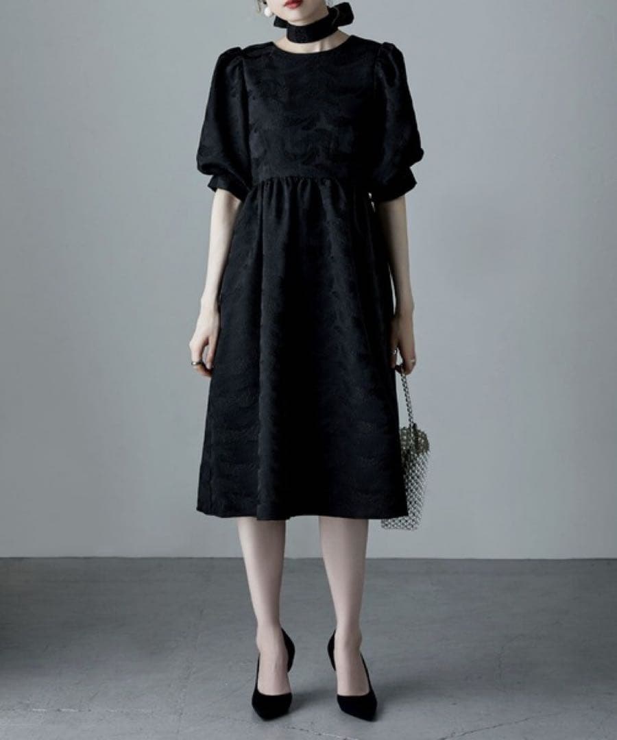 etoll. ジャガードパフスリーブドレス グリーン