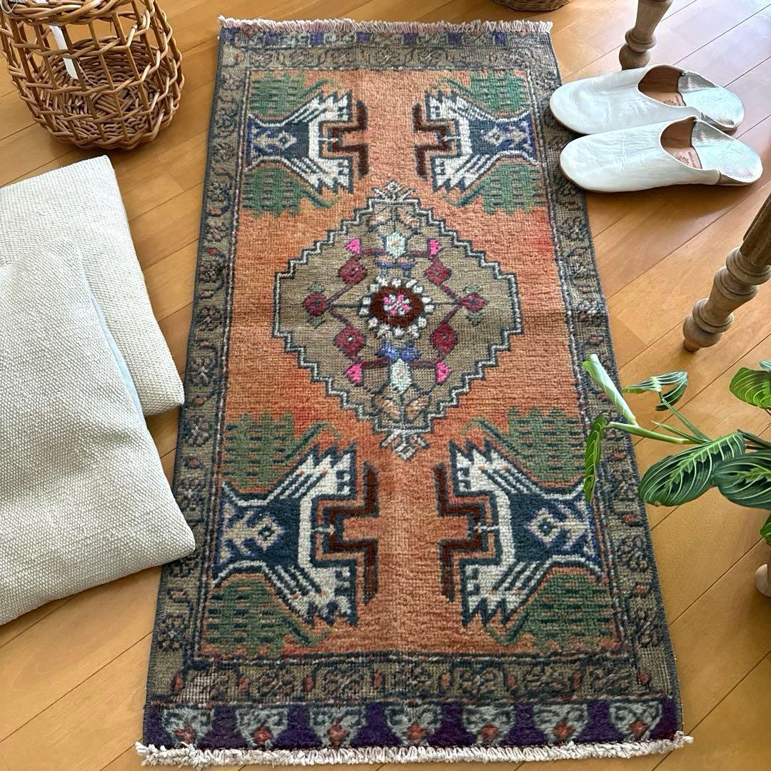 49.5×98 オレンジグラデーション　メダリオン　トルコヴィンテージラグ