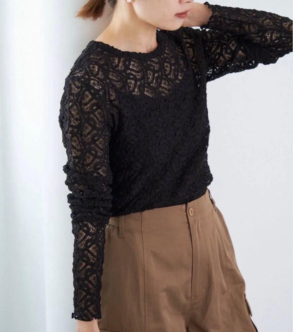 IENA ペイズリー ストレッチレースプルオーバー　ブラック