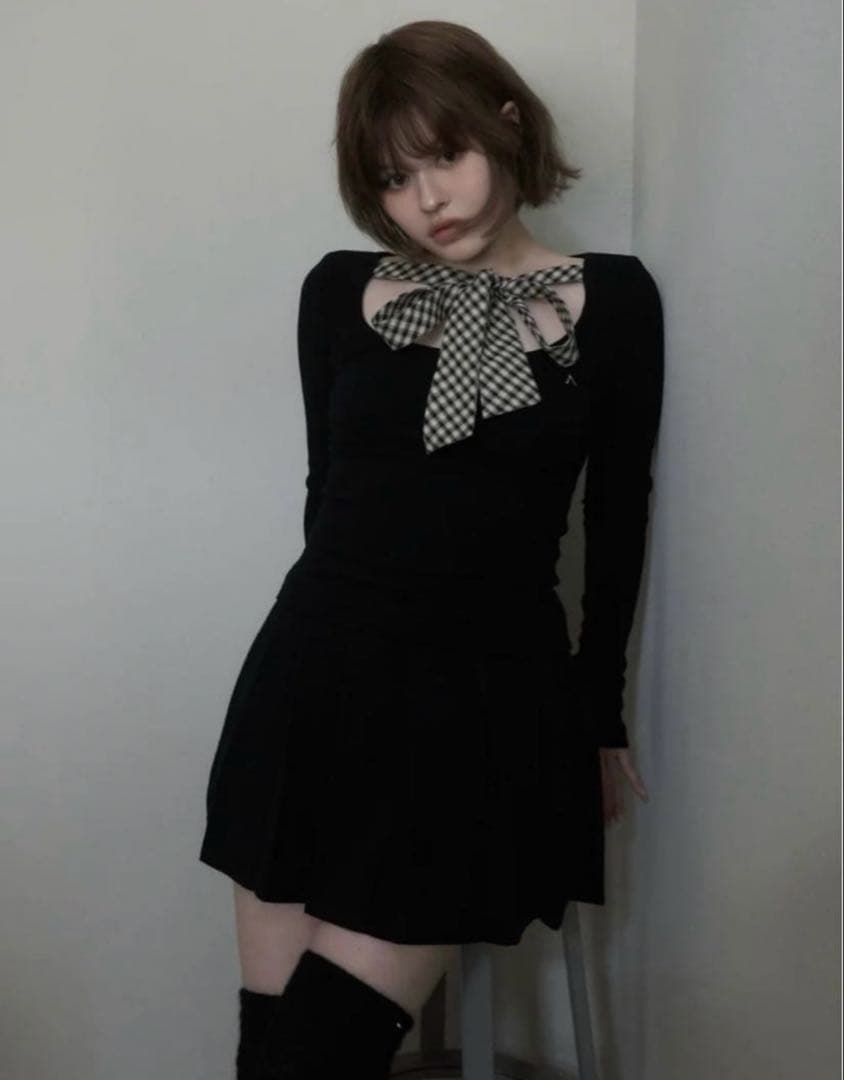 トップス Ami ribbon check tops black andmary