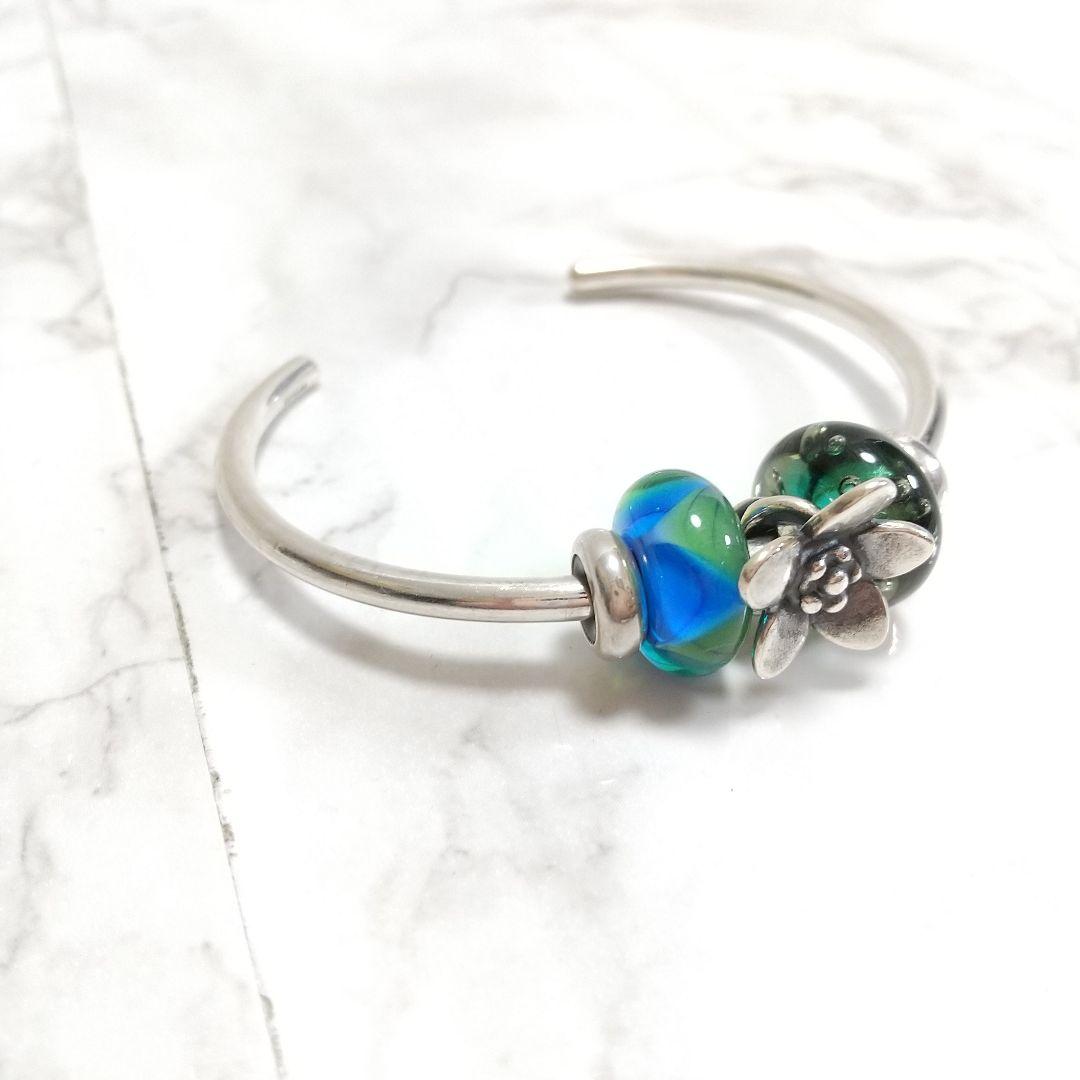 トロールビーズ　シルバー925バングル　スペーサー　花　リーフ　グリーン　セット