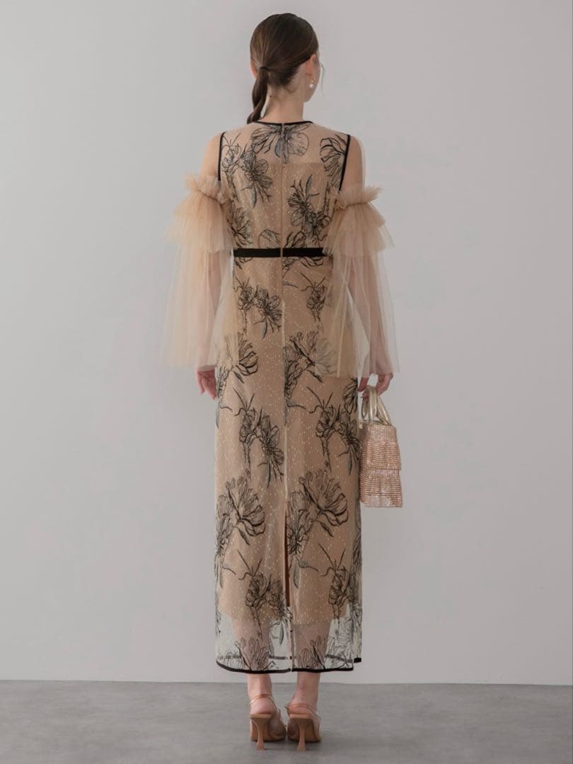 フラワーチュールフリルスリーブIラインワンピースドレス結婚式二次会パーティー