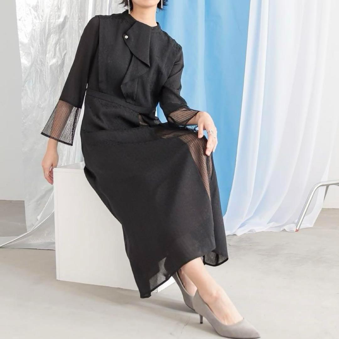 【4L】　カラルス　フロントドレープデザインレース×ジャガード切替ワンピース