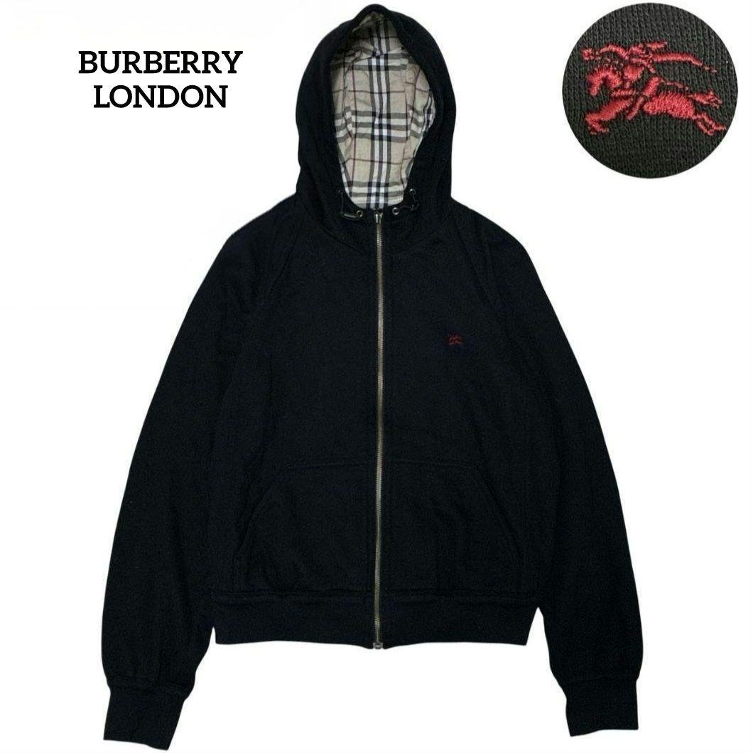 バーバリーロンドン ⿻フルジップパーカー ノバチェック ロゴ 刺繍 黒 M