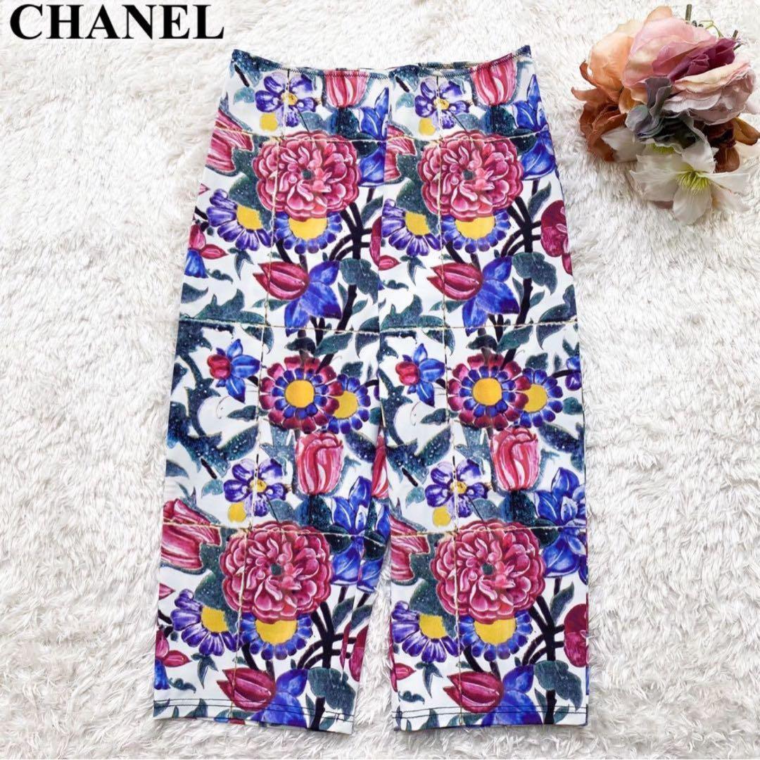 CHANEL 花柄 ストレッチパンツ 膝が隠れる丈34