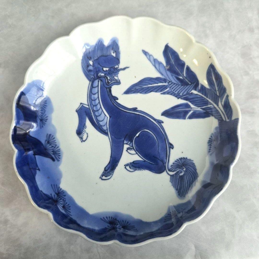 古伊万里　染付　七寸皿　麒麟　江戸時代　骨董　金継ぎ　アンティーク