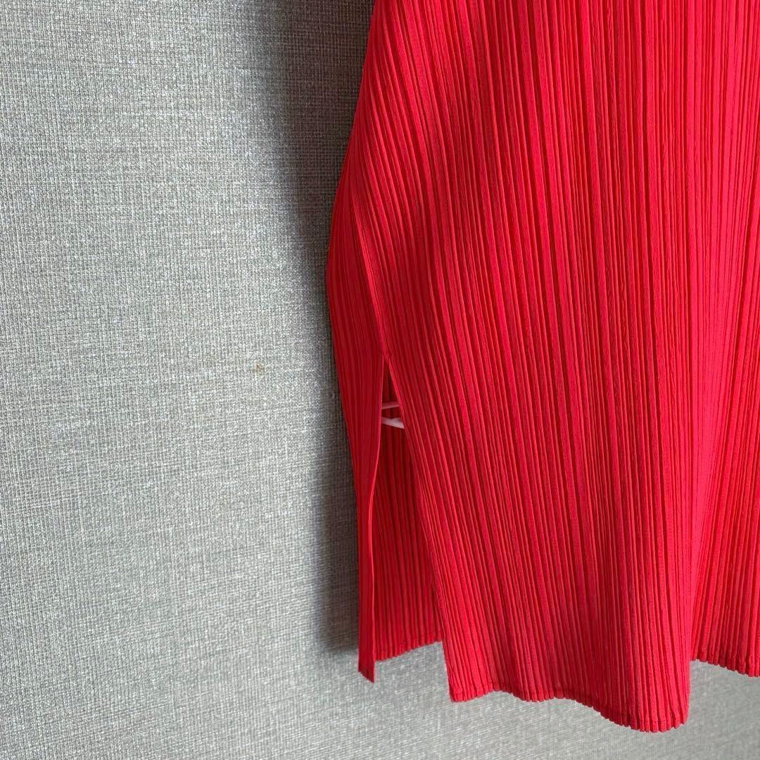 未使用級✨プリーツプリーズ 華やかハイネック 半袖チュニック スリット 朱色 ３