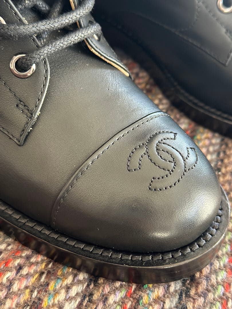 シャネル CHANEL ココマーク ショートブーツ チャンキーヒール 革 黒