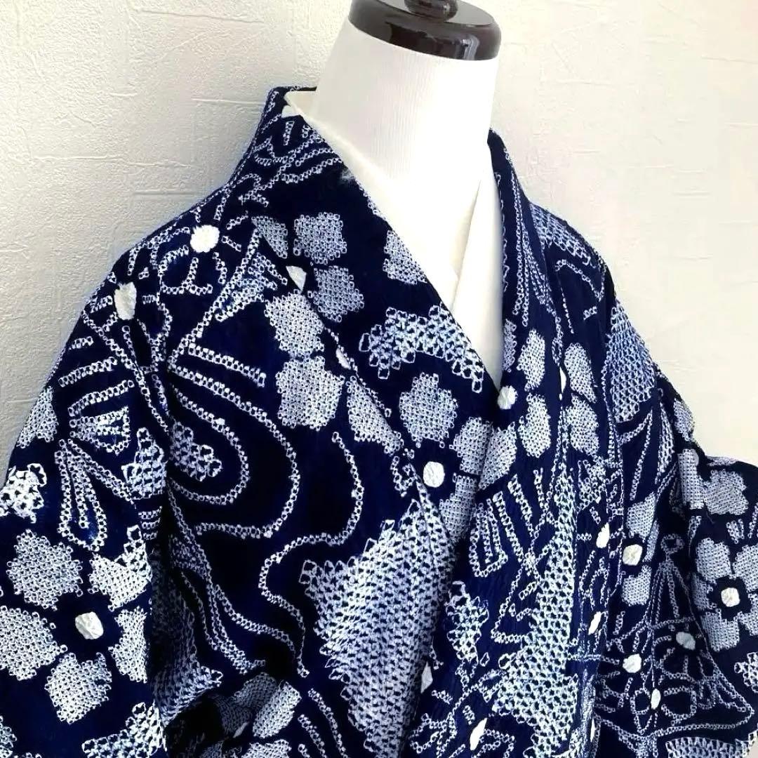 poko 有松絞り・有松鳴海絞り浴衣　手縫い　花繋ぎ　身丈154 No55