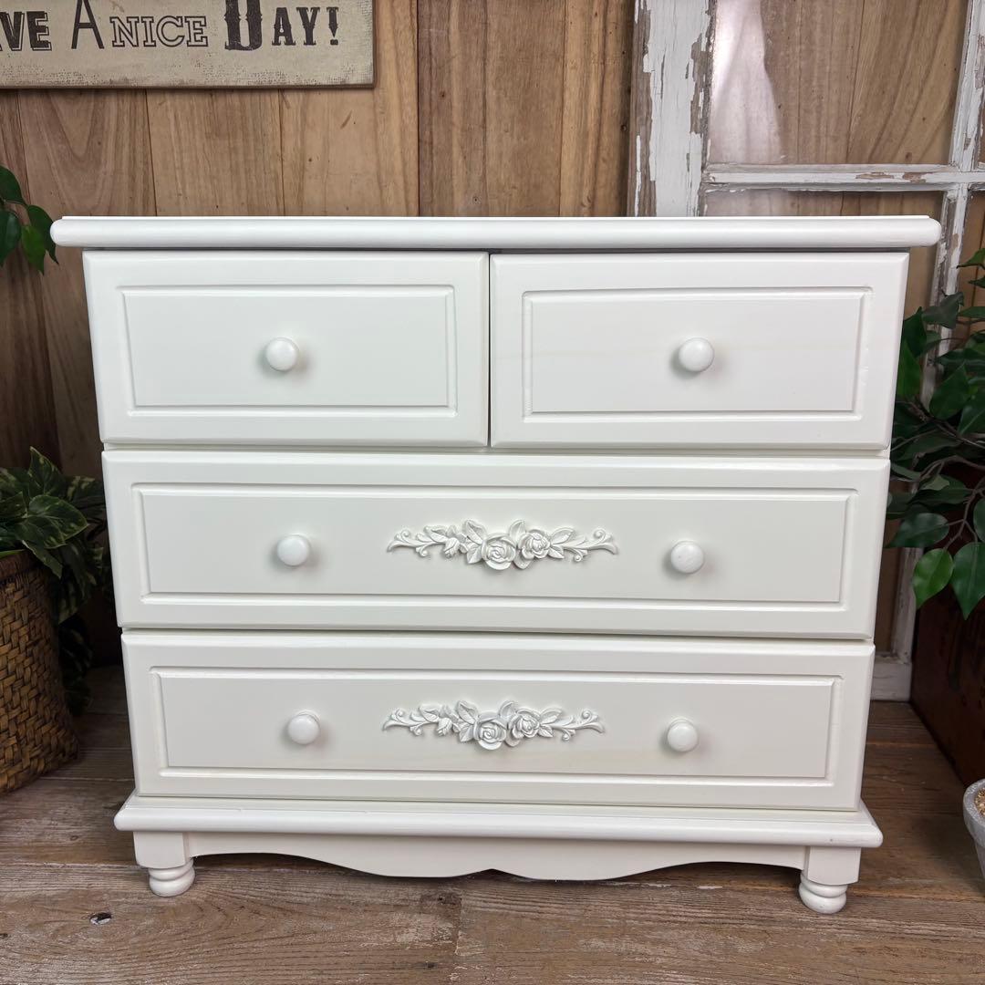 訳あり品！【99】フレンチ調ホワイトチェスト三段四つ引き木製収納家具姫系タンス