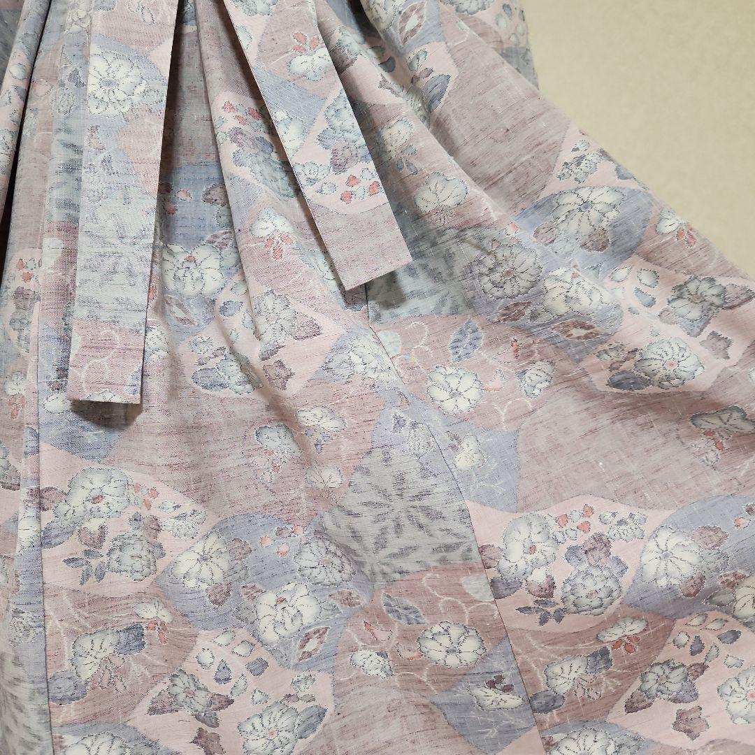 フリルスタンドカラーのワンピースM　ピンタック　紬　　着物リメイク