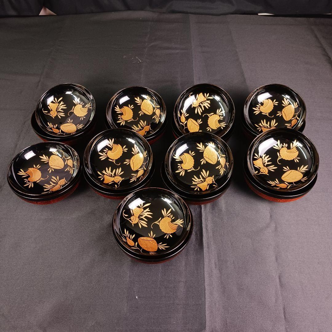 Y3112-1 漆器 貝づくし蒔絵 糸筋椀 9客 共箱