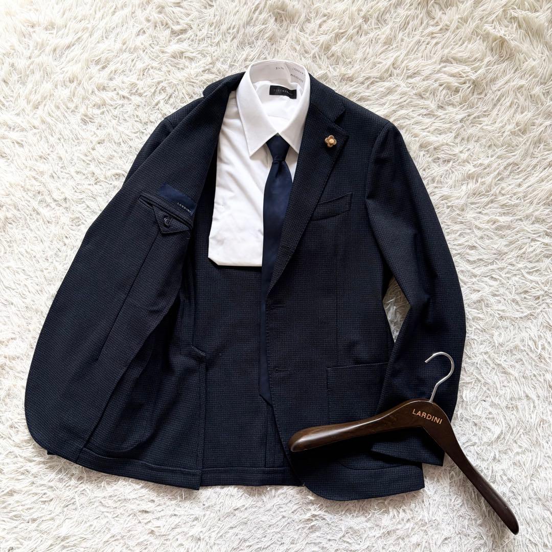 <美品>LARDINI ネイビー ウール ジャケット ブートニエール サイズ44