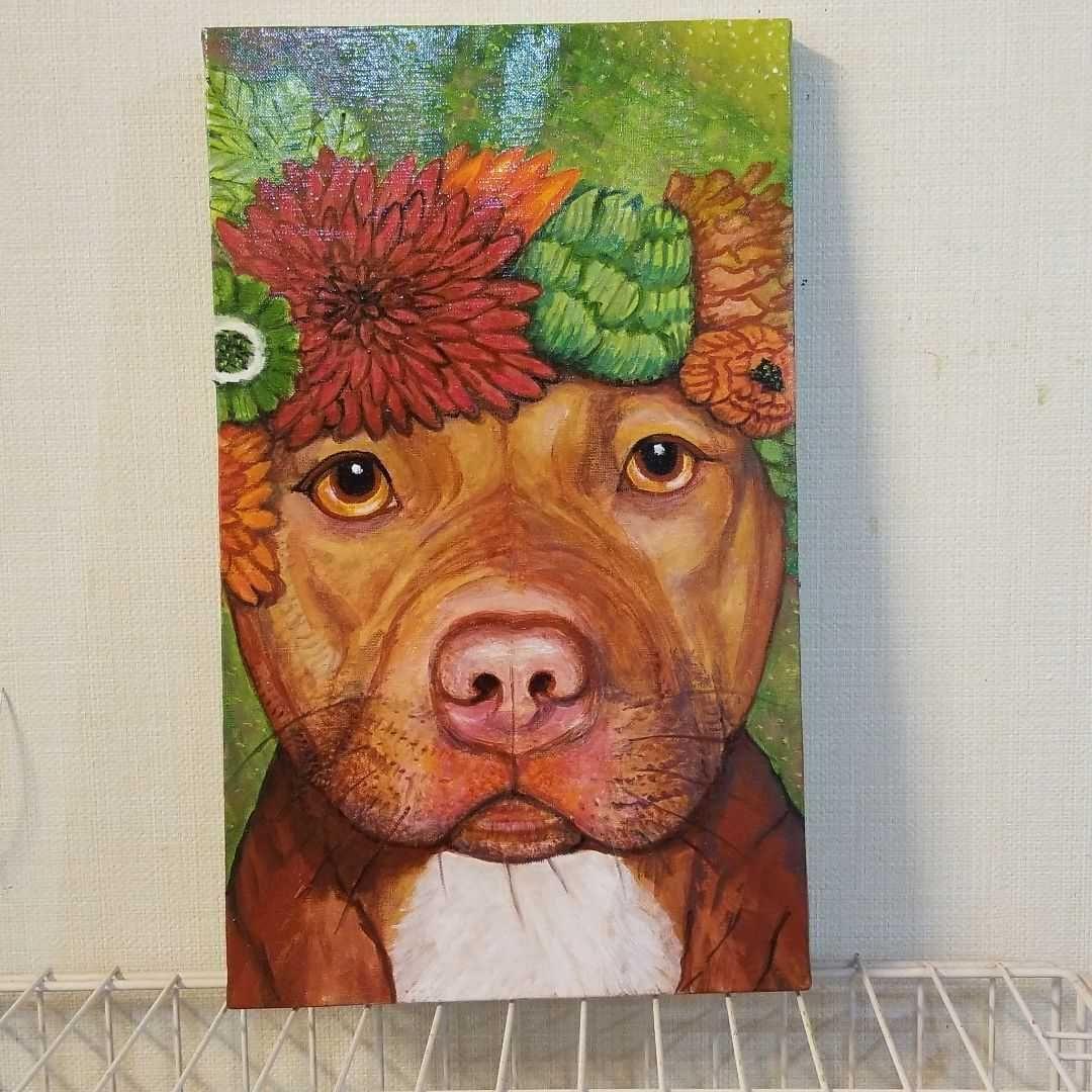 油絵　花冠の犬
