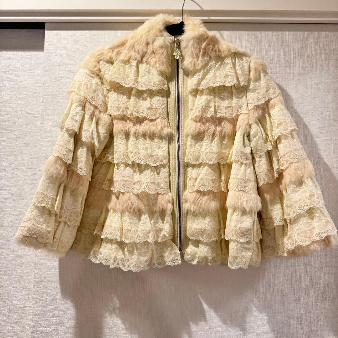 MANOUSH マヌーシュ リアルファー&フリルレース　ショートコート オフ白