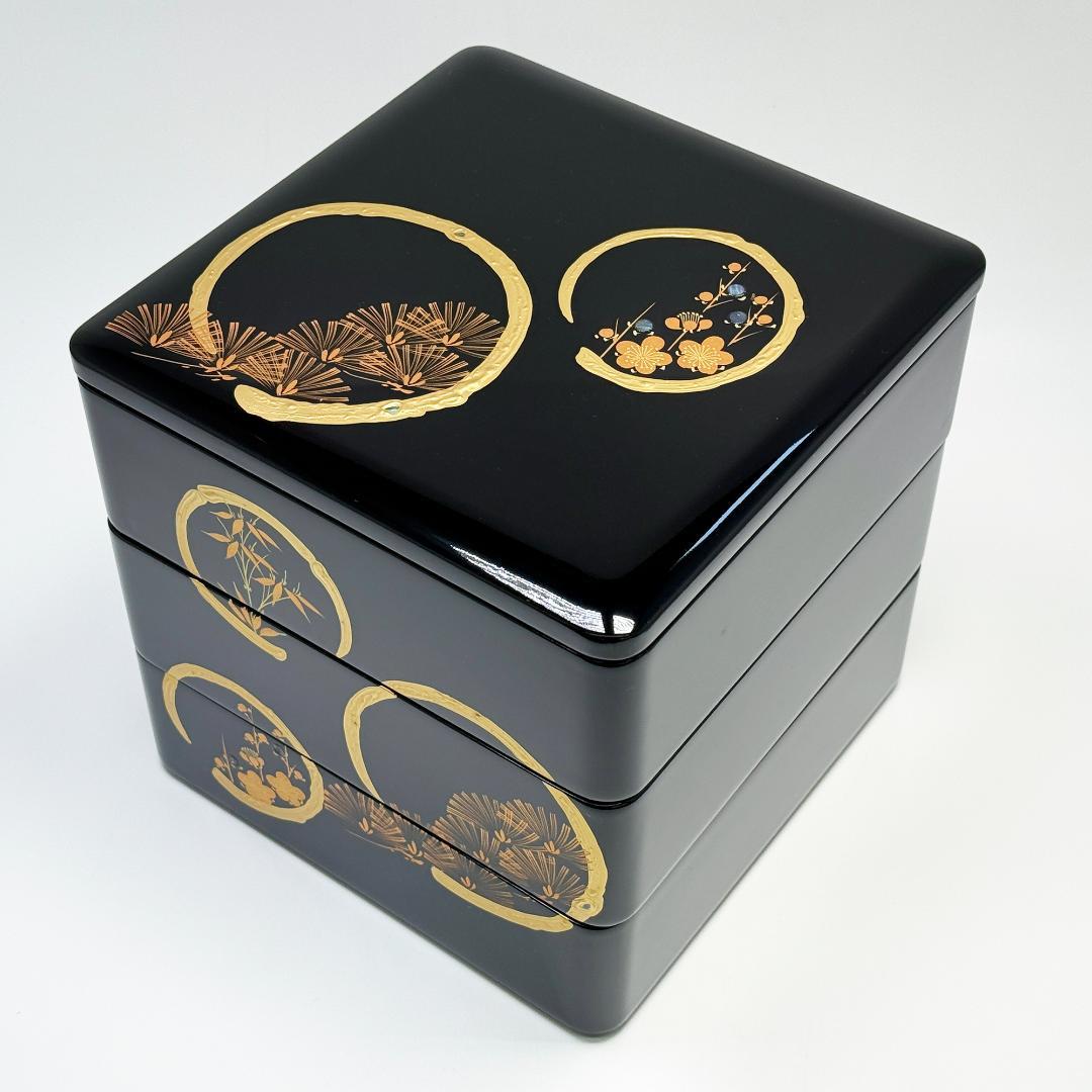 会津塗り 黒本重三段 木製 重箱 6.5