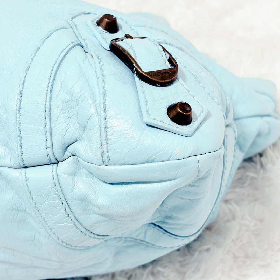 BALENCIAGA クラシックシティ ライトブルー レザー ハンドバッグ 鏡付