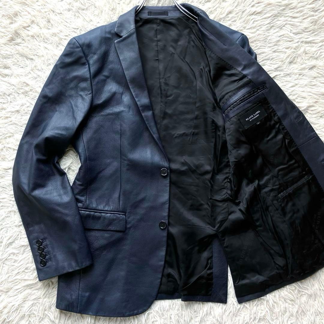 【希少L 羊革】バーバリーブラックレーベル　レザーテーラードジャケット　ネイビー