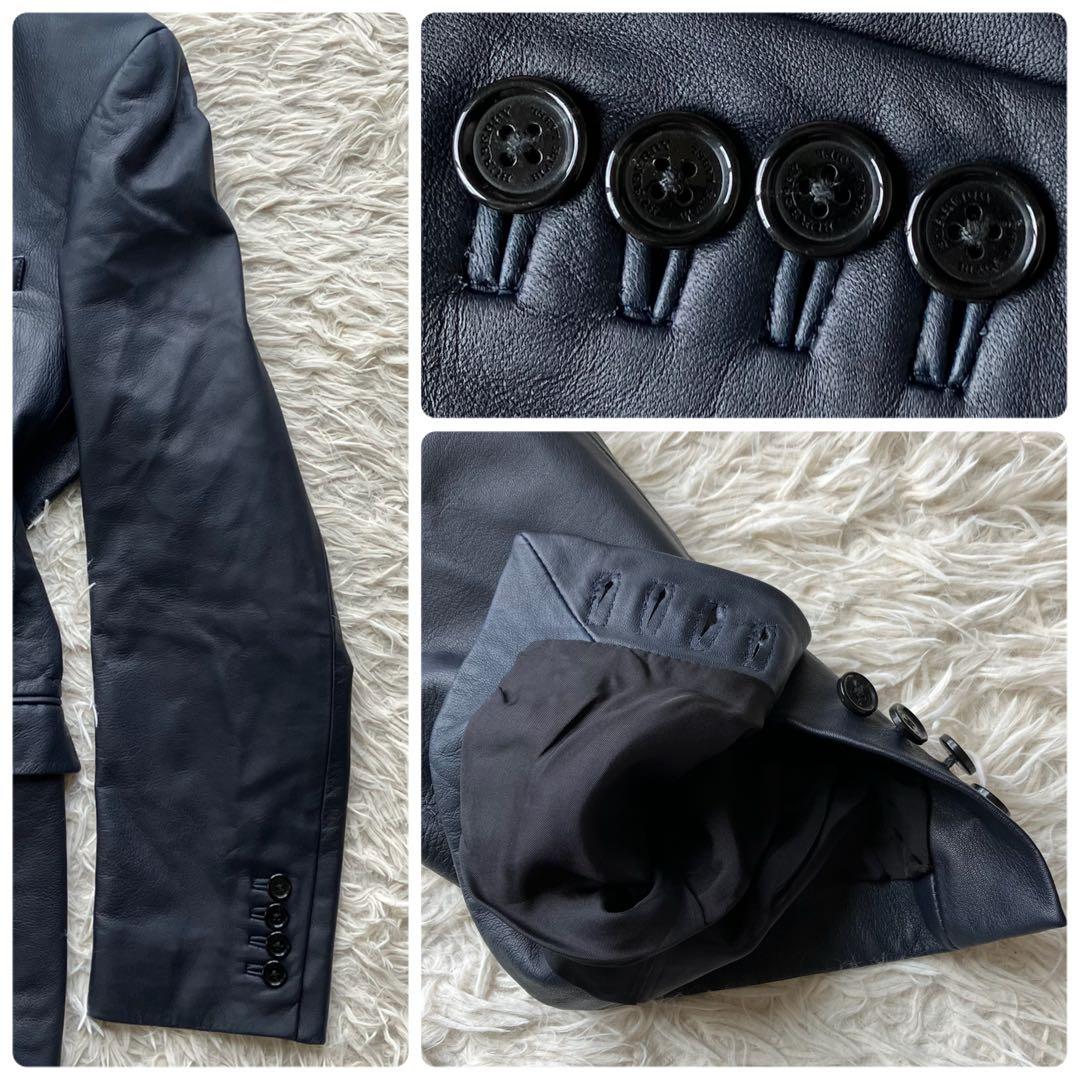 【希少L 羊革】バーバリーブラックレーベル　レザーテーラードジャケット　ネイビー