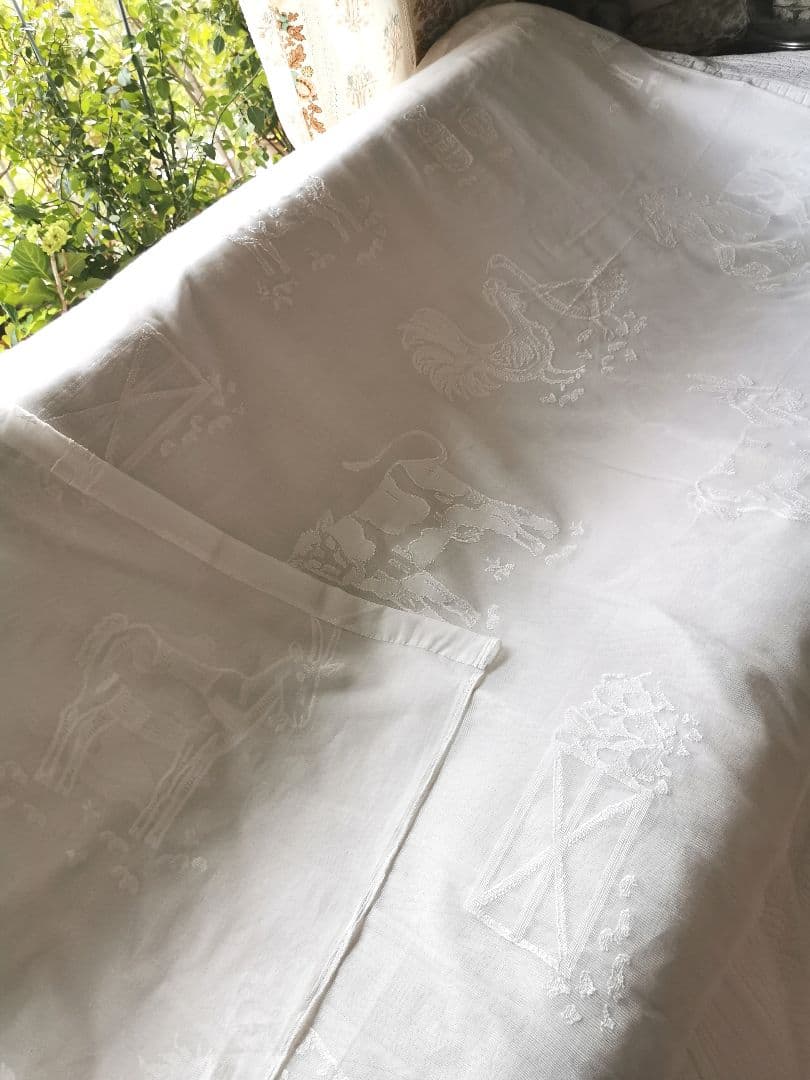 17日特別価格✾アンティーク牧場マドラスレース 酪農 羊馬山羊豚鶏カーテンパネル