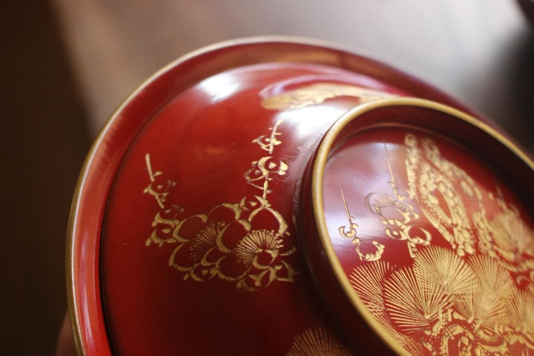 デッドストック！時代金縁朱漆に極上松竹梅沈金の映える大椀2点（検輪島塗雑煮椀