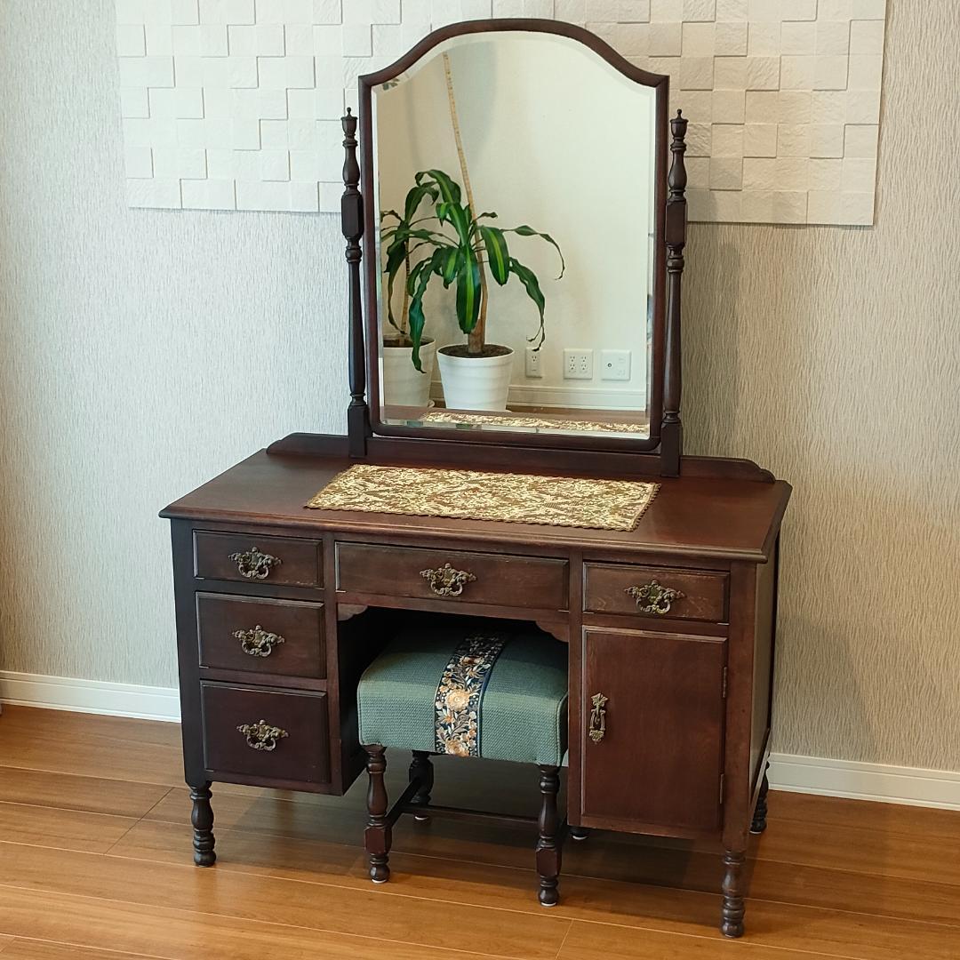 アンティーク　鏡台　スツール　セット品　 引出し７杯　ろくろ脚