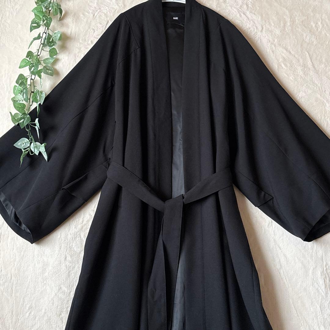 T088美品ハレSQUAREサムエコート和装着物羽織キモノ袖オーバーサイズ黒Ｆ